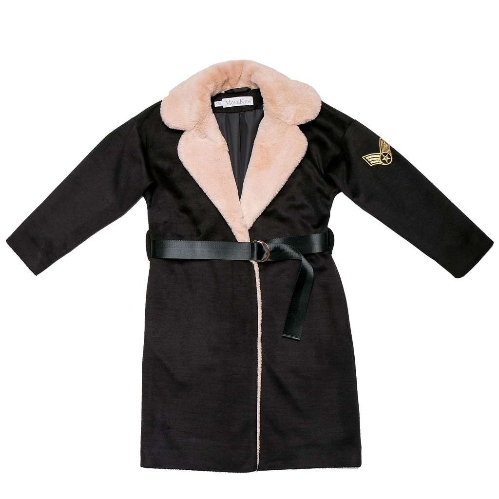 

Детское пальто для девочек Mone kids кашемир с поясом эко мех, на подкладе черный р. 140