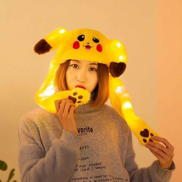 

Светящаяся шапка Пикачу BIT Pikachu toys soft toys with led с двигающими ушками шапка с Led подсветкой желтая размер М