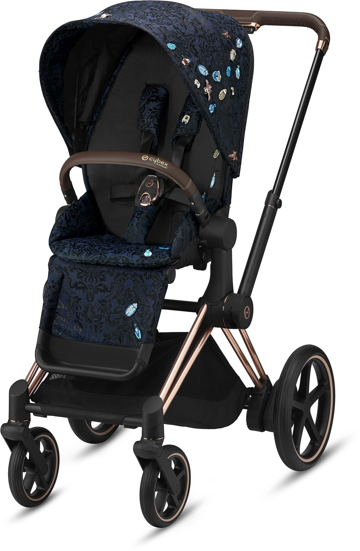 

Прогулочная коляска Cybex e-Priam Fashion Edition Jewels of Nature dark blue шасси Rose Gold