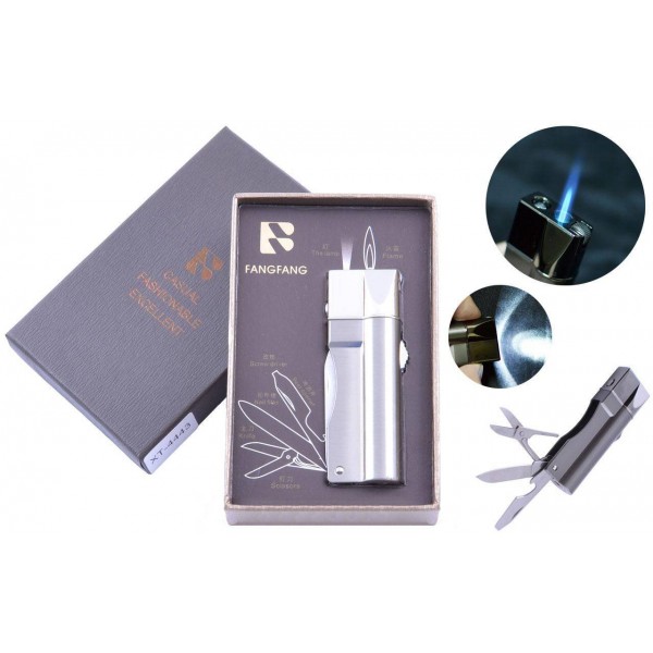 

Зажигалка подарочная (Острое пламя, нож, фонарик) 4443 Silver
