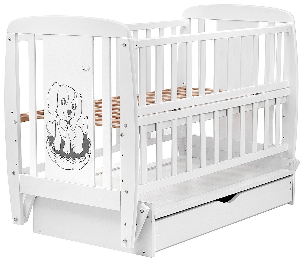 

Кровать Babyroom Собачка маятник, ящик, откидной бок бук белый