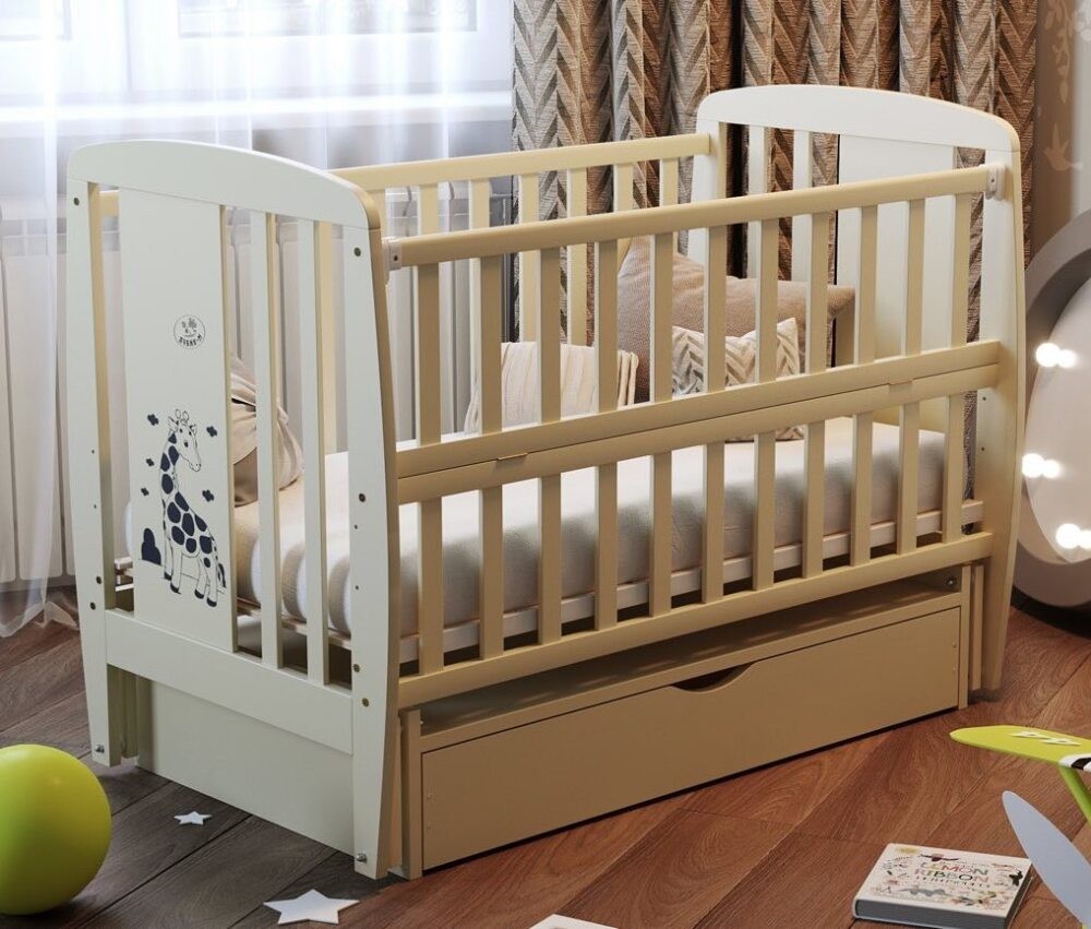 

Кровать Babyroom Жирафик маятник, ящик, откидной бок бук слоновая кость