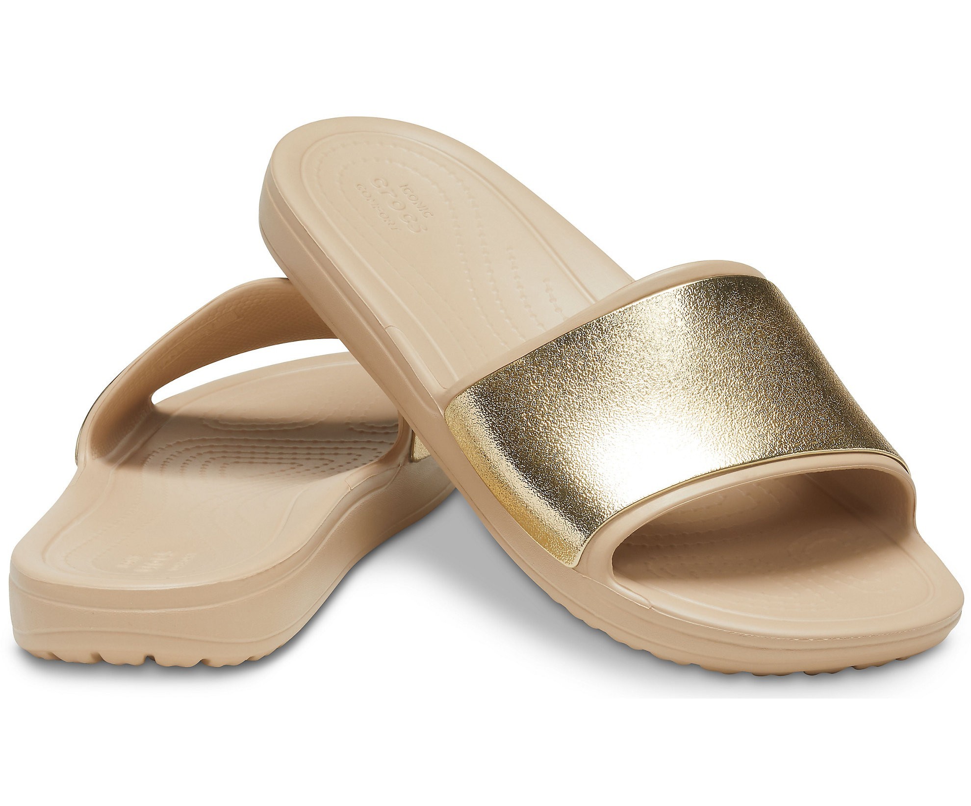 

Шлепки Crocs Sloane Shine Low Slide W8 бежевые с золотом, 38-39, нюанс