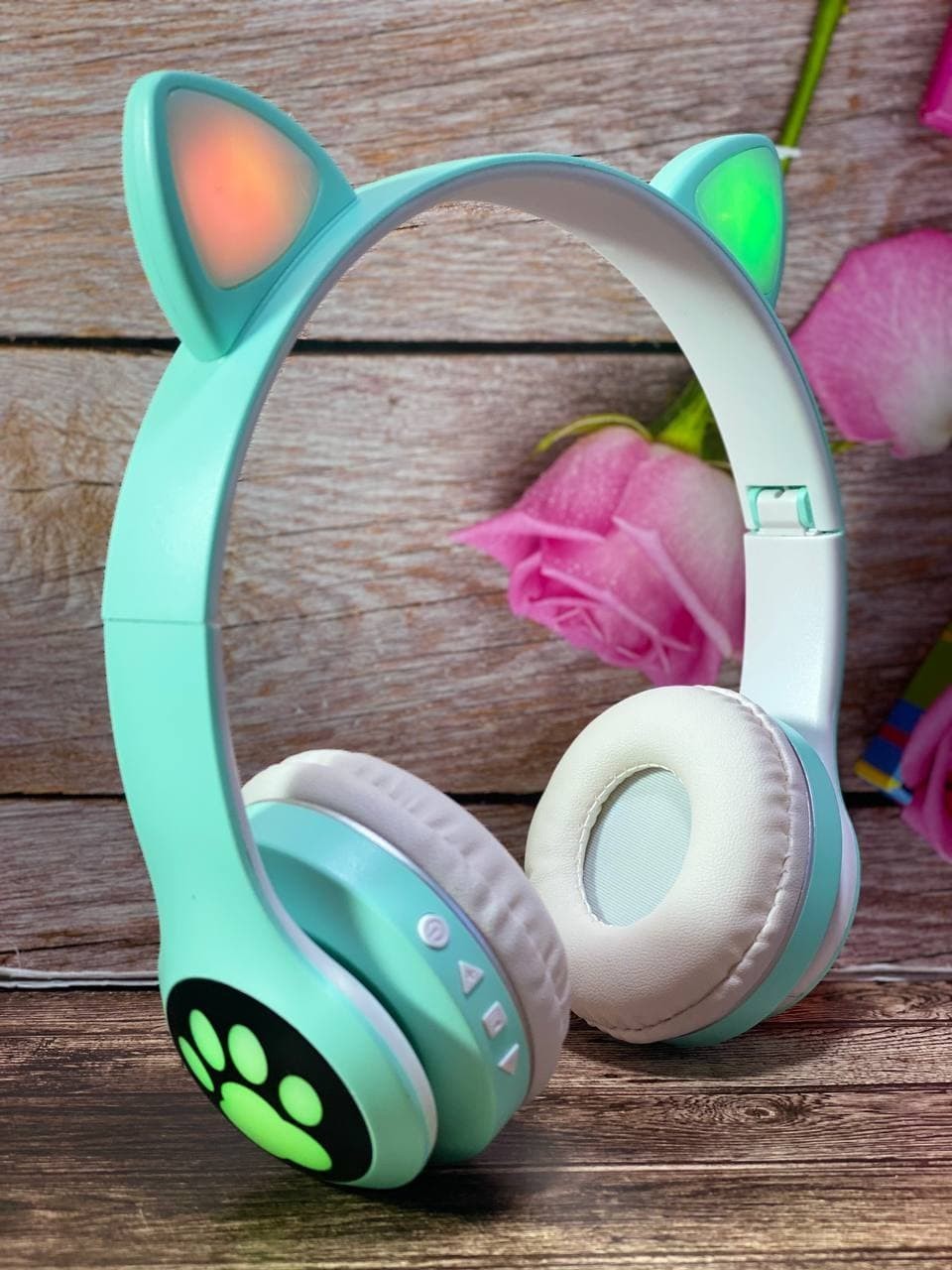 

Беспроводные Bluetooth наушники детские с кошачьими ушками Cat Ear VZV-23M и LED подсветкой Бирюзовые