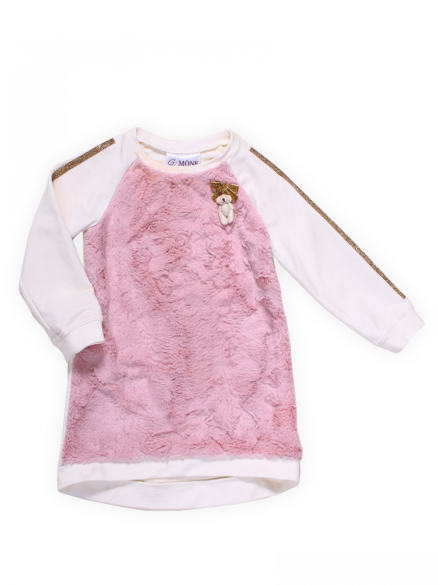 

Оригинальное детское платье для девочки Mone kids двунить с начесом молочный с розовым мехом р.116