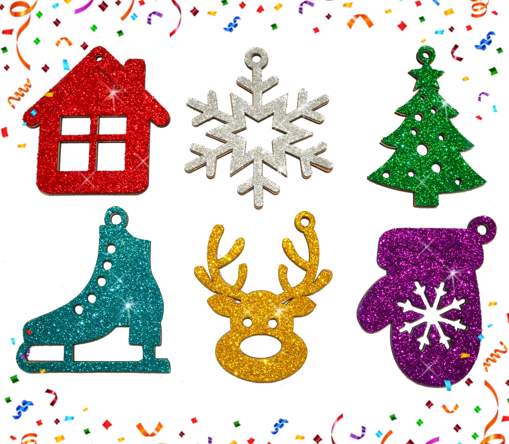 

Блестящая Ёлочная Игрушка Набор 6 шт Деревянное Новогоднее Елочное Украшение с Блестками на Елку 7.5 см