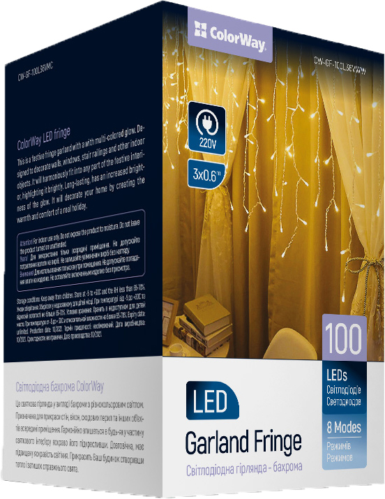 

Светодиодная гирлянда СolorWay Бахрома 100 LED (IP20) 3 м x 0.6 м Теплый белый (CW-GF-100L36VWW)