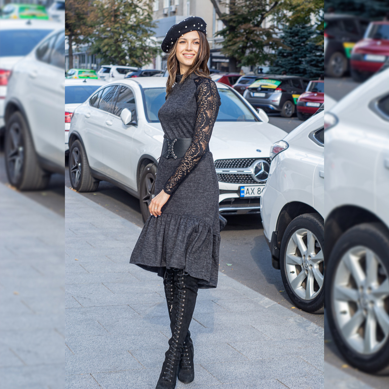 

Платье женское Este ангора с кружевным рукавом и воланом  серое 4136, Платье женское Este ангора с кружевным рукавом и воланом 46 серое 4136