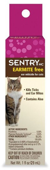 

SENTRY EARMITE free капли с алоэ против ушного клеща для котов