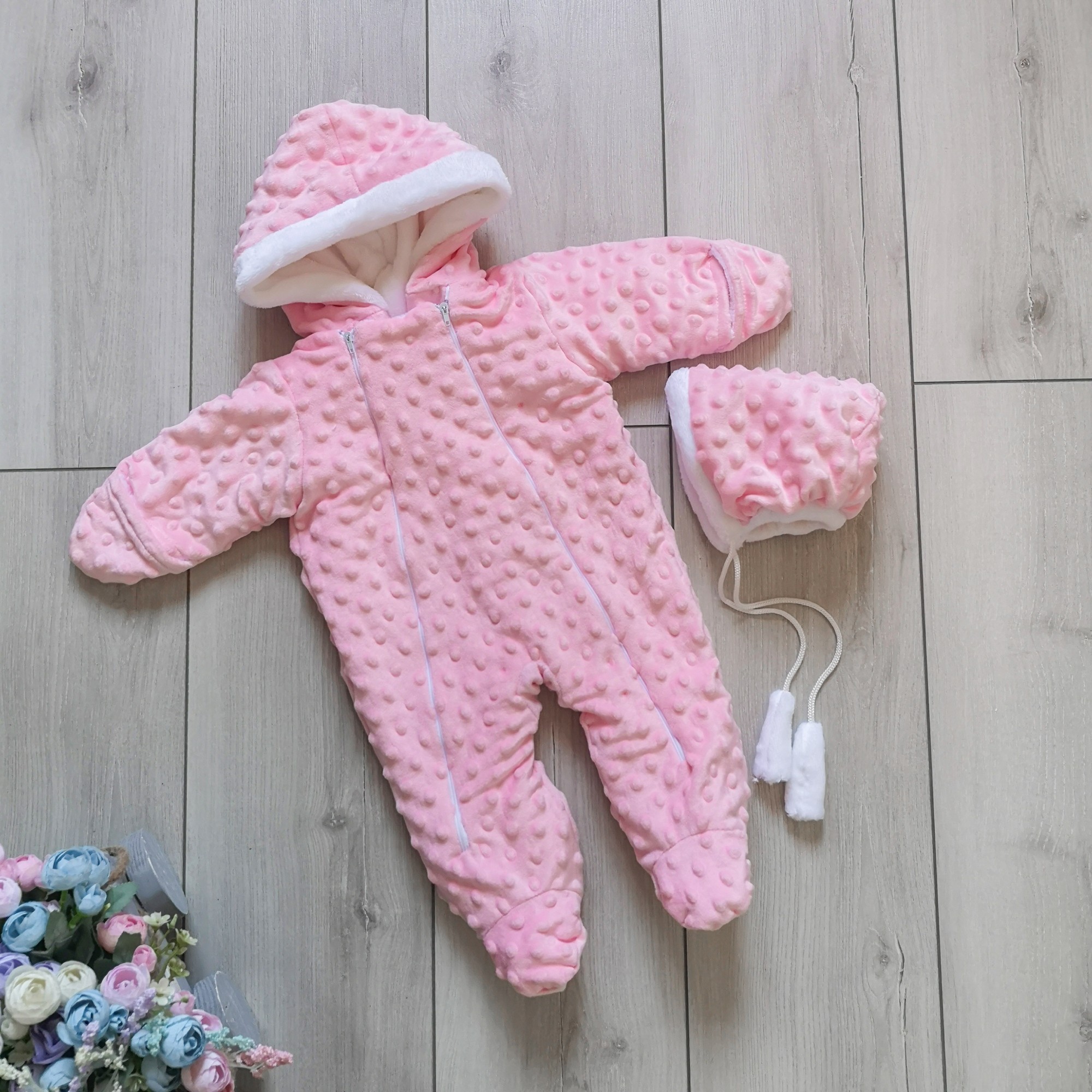 

Зимний плюшевый комбинезончик с шапочкой на махре Kid Way Карапуз 56-62 см розовый