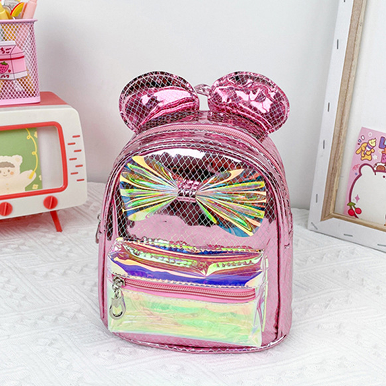

Детский голографический рюкзак для девочек с ушками и бантом Cute Kids одно основное отделение и один карман на молнии Розовый
