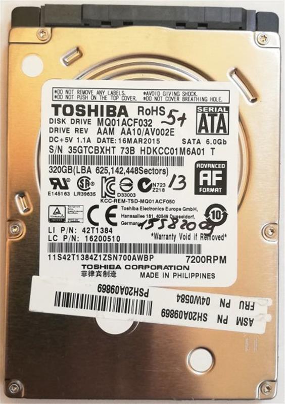 

Накопитель HDD 2.5" SATA 320GB Toshiba 7200rpm (MQ01ACF032)