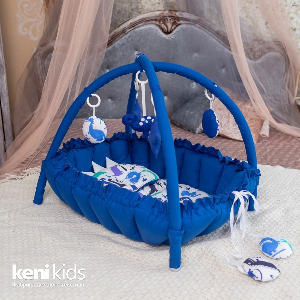 

Игровой развивающий Коврик-Кокон гнездышко 2 в 1 для новорожденных KENI KIDS Динозавры 84x61 см. Синий + Дуги с игрушками + Ортопедическая Подушка