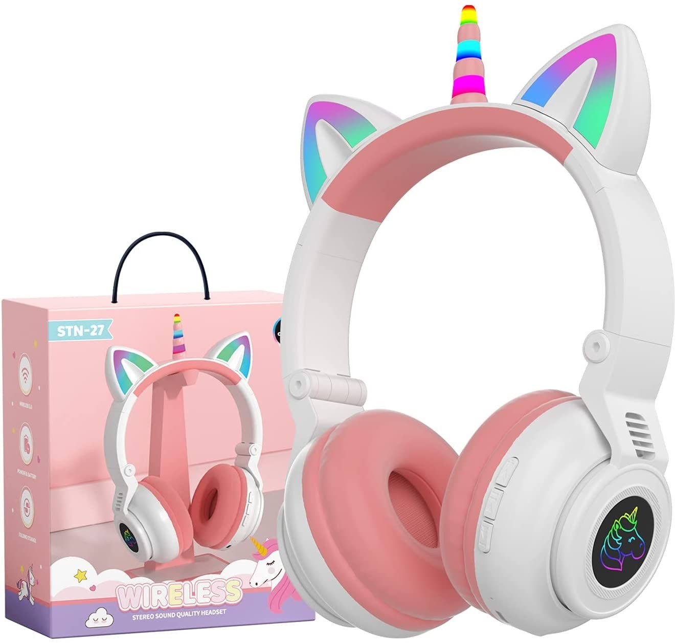 

Беспроводные Bluetooth наушники с ушками Единорог детские Cat Ear STN-27 со светящимися ушками (Розовый)