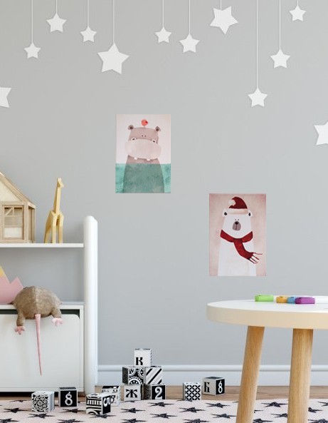 

2 постера "Мишка с шарфом" и "Бегемот с птичкой", холст на подрамнике 250х350мм Frames Posters Decor