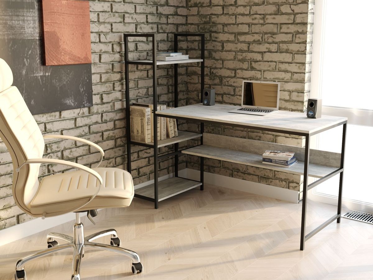 

Стол компьютерный письменный с металлическим каркасом в стиле Лофт (Loft) DrevoGoods с полкой под системный блок усиленный, прямой, рабочий для дома и офиса 1600х750х600мм; металл: Черный; дерево: Бетон + стеллаж