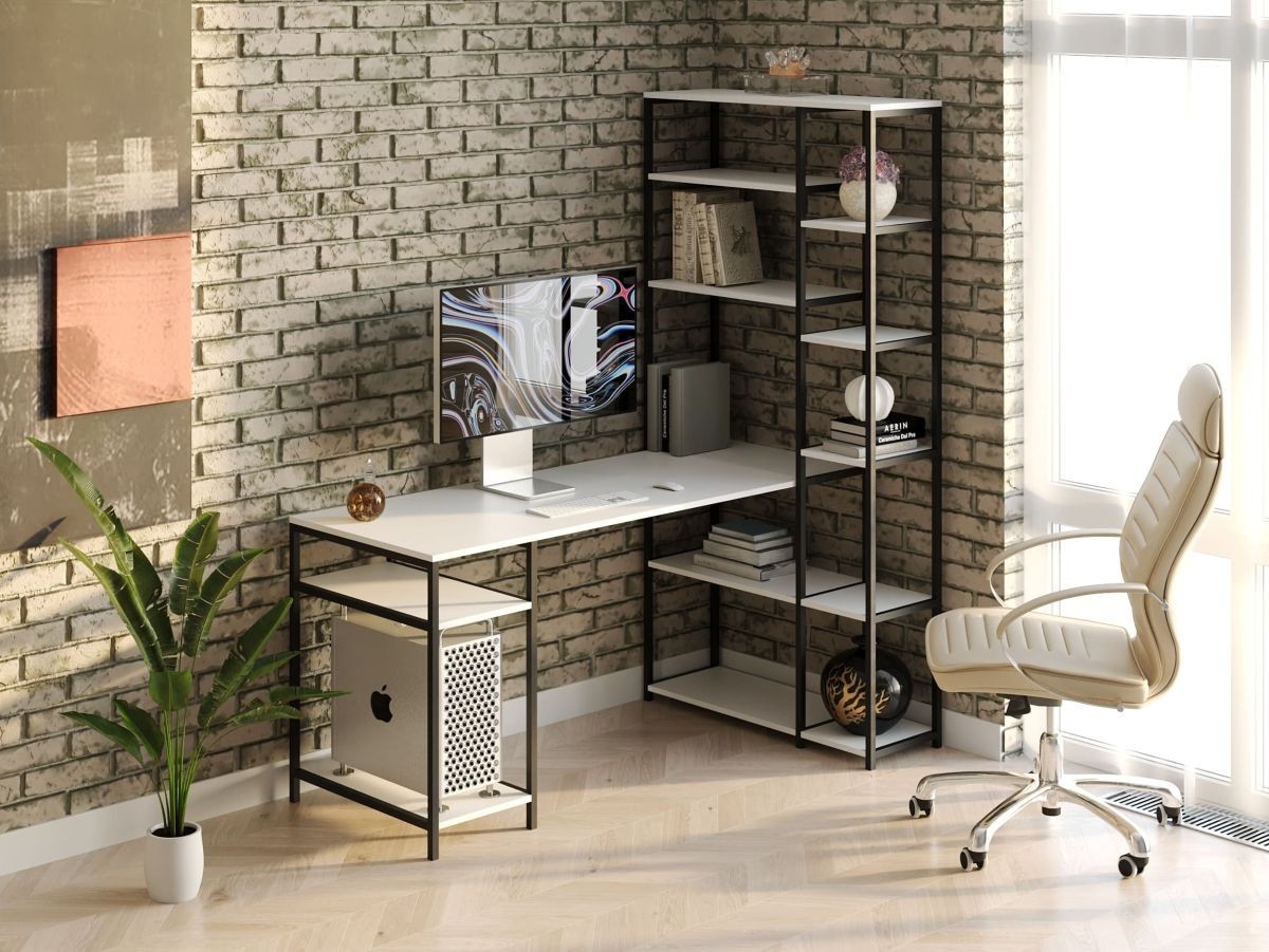 

Стол компьютерный письменный с металлическим каркасом в стиле Лофт (Loft) DrevoGoods с полкой под системный блок усиленный, прямой, рабочий для дома и офиса 1400х1800х900мм; металл: Черный; дерево: Белый + стеллаж