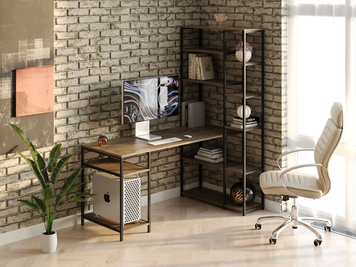 

Стол компьютерный письменный с металлическим каркасом в стиле Лофт (Loft) DrevoGoods с полкой под системный блок усиленный, прямой, рабочий для дома и офиса 1000х1800х900мм; металл: Черный; дерево: Аликанте темный + стеллаж