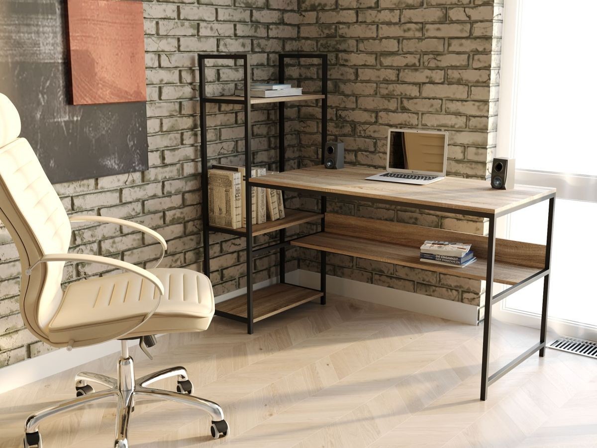 

Стол компьютерный письменный с металлическим каркасом в стиле Лофт (Loft) DrevoGoods с полкой под системный блок усиленный, прямой, рабочий для дома и офиса 1200х750х600мм; металл: Черный; дерево: Аликанте темный + стеллаж