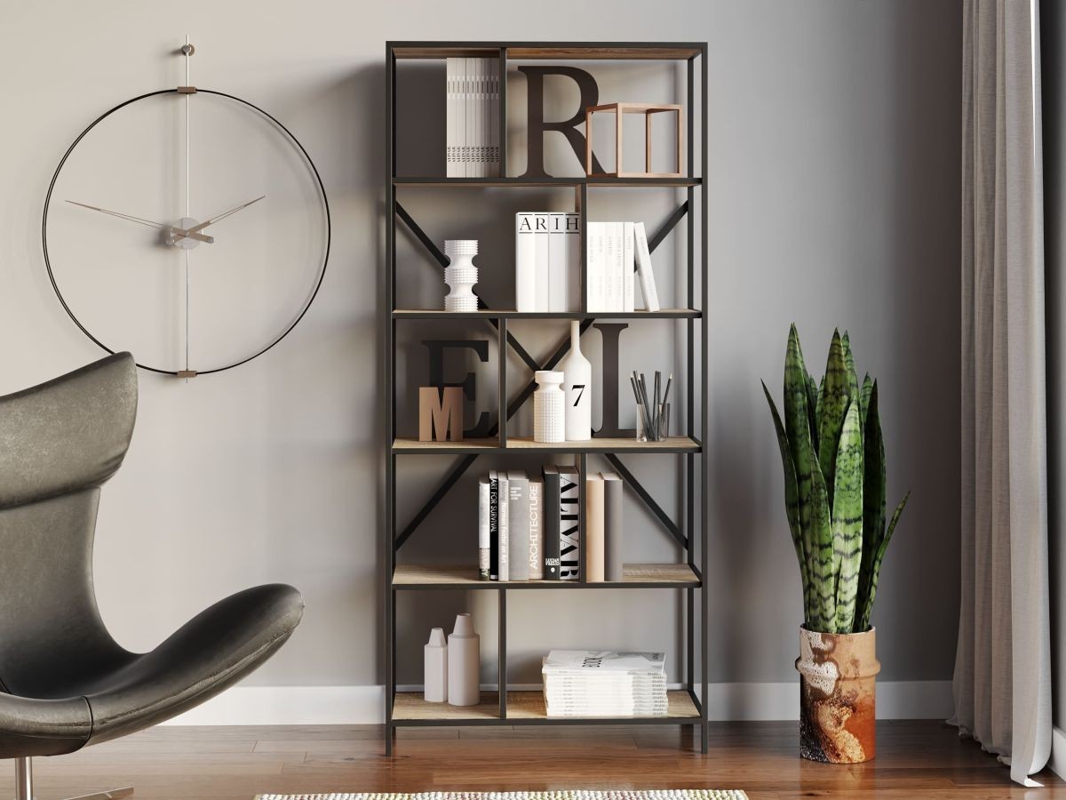 

Стеллаж-перегородка с металлическим каркасом в стиле Лофт (Loft) DrevoGoods усиленный, напольный / пристенный для дома и офиса с 6 полками для книг и вещей на 10 ячеек 1855х800х330мм; металл: Черный; дерево: Дуб Сонома