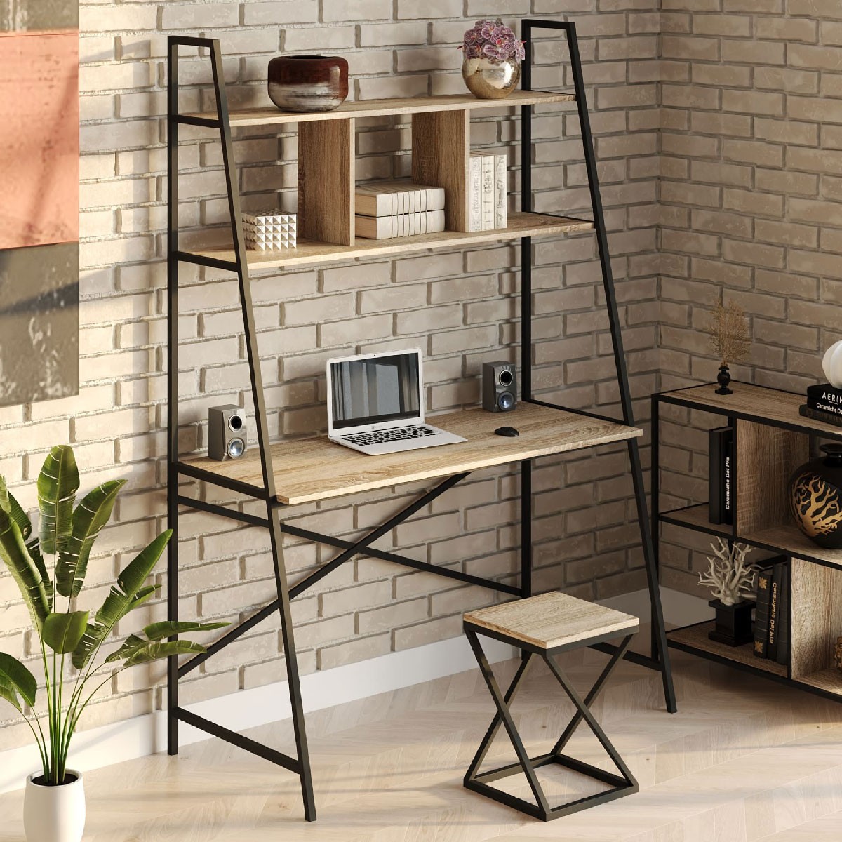 

Стол компьютерный письменный с металлическим каркасом в стиле Лофт (Loft) DrevoGoods усиленный, прямой, рабочий для дома и офиса 1000х1800х600мм; металл: Черный; дерево: Дуб Сонома + стеллаж с полками + табурет