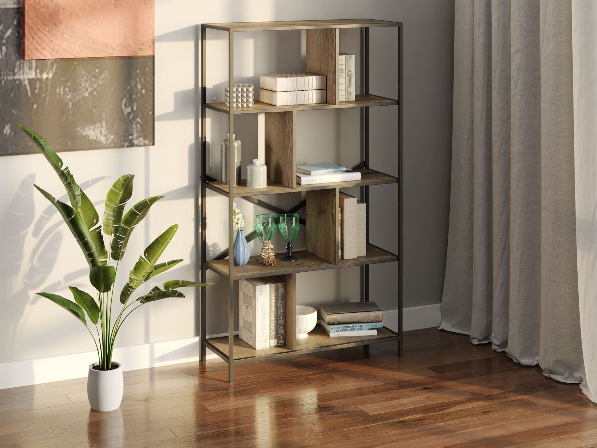 

Стеллаж-перегородка с металлическим каркасом в стиле Лофт (Loft) DrevoGoods усиленный, напольный / пристенный для дома и офиса с 5 полками для книг и вещей на 8 ячеек 1505х800х330мм; металл: Черный; дерево: Аликанте темный