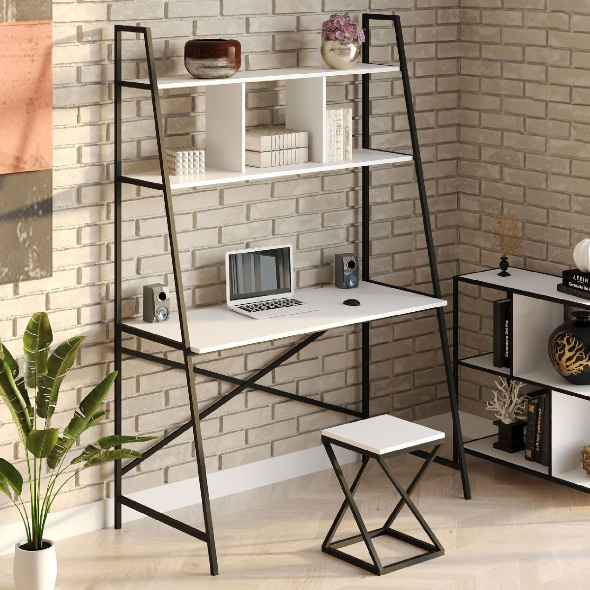 

Стол компьютерный письменный с металлическим каркасом в стиле Лофт (Loft) DrevoGoods усиленный, прямой, рабочий для дома и офиса 1400х1800х600мм; металл: Черный; дерево: Белый + стеллаж с полками без табурета