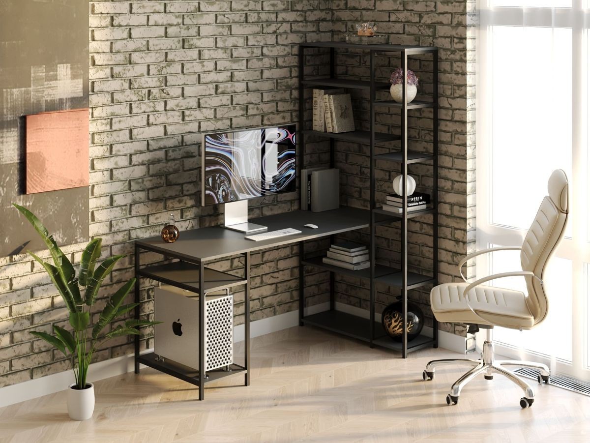 

Стол компьютерный письменный с металлическим каркасом в стиле Лофт (Loft) DrevoGoods с полкой под системный блок усиленный, прямой, рабочий для дома и офиса 1400х1800х900мм; металл: Черный; дерево: Антрацит + стеллаж