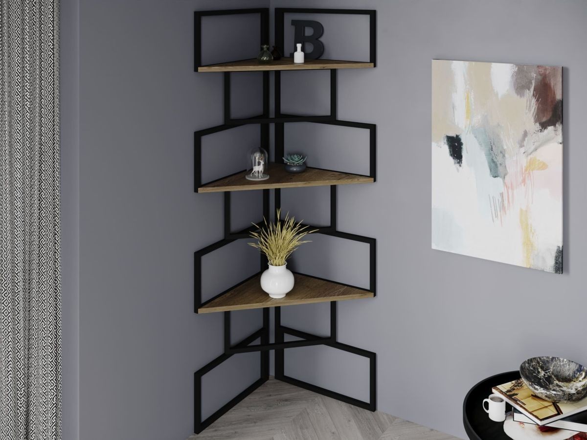 

Стеллаж угловой с металлическим каркасом в стиле Лофт (Loft) DrevoGoods усиленный, напольный (пристенный) для дома и офиса с 3 полками для книг и вещей 520x1760x520мм; металл: Черный; дерево: Аликанте темный