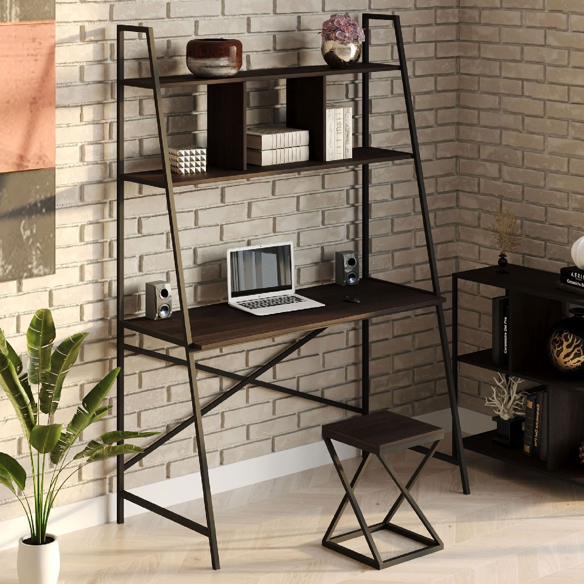 

Стол компьютерный письменный с металлическим каркасом в стиле Лофт (Loft) DrevoGoods усиленный, прямой, рабочий для дома и офиса 1200х1800х600мм; металл: Черный; дерево: Венге + стеллаж с полками + табурет