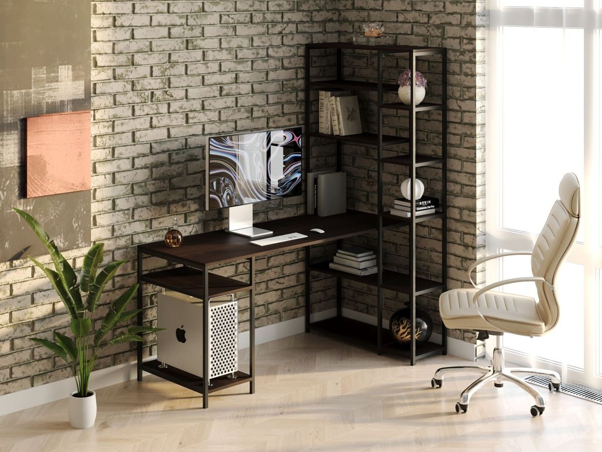 

Стол компьютерный письменный с металлическим каркасом в стиле Лофт (Loft) DrevoGoods с полкой под системный блок усиленный, прямой, рабочий для дома и офиса 1600х1800х900мм; металл: Черный; дерево: Венге + стеллаж