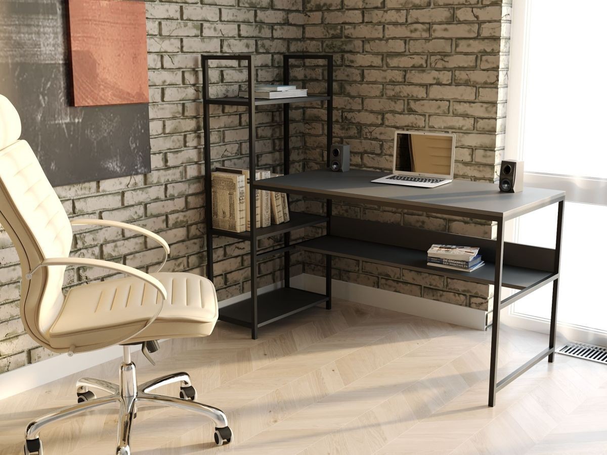 

Стол компьютерный письменный с металлическим каркасом в стиле Лофт (Loft) DrevoGoods с полкой под системный блок усиленный, прямой, рабочий для дома и офиса 1600х750х600мм; металл: Черный; дерево: Антрацит + стеллаж