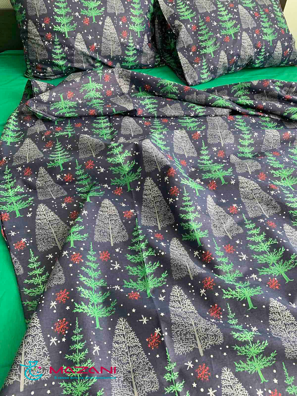 

Новогодний комплект постельного белья Елочки green (полуторный)