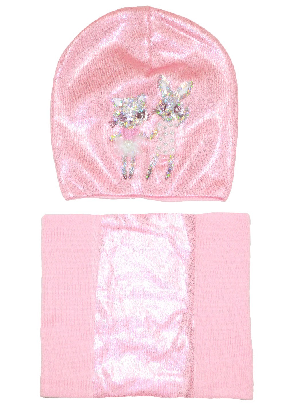 

Комплект Kraft шапка и шарф-снуд детский для девочки Кошечка и Зайка 50 см. розовый (NX-190-05)