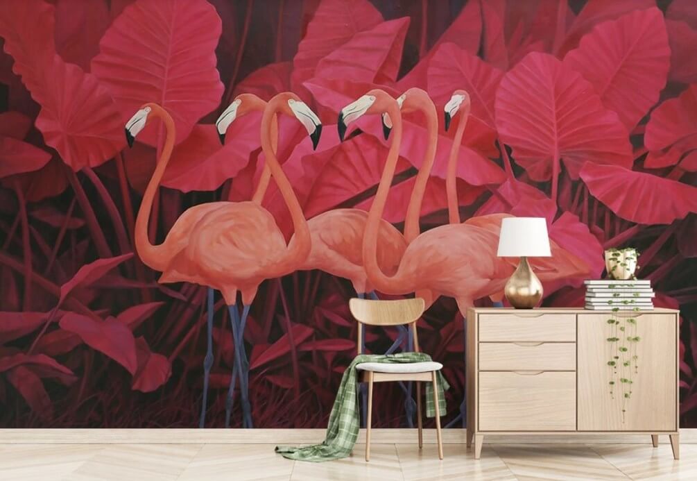 

Фотообои Арт-Обои Красные листья с фламинго №45262 Фреска