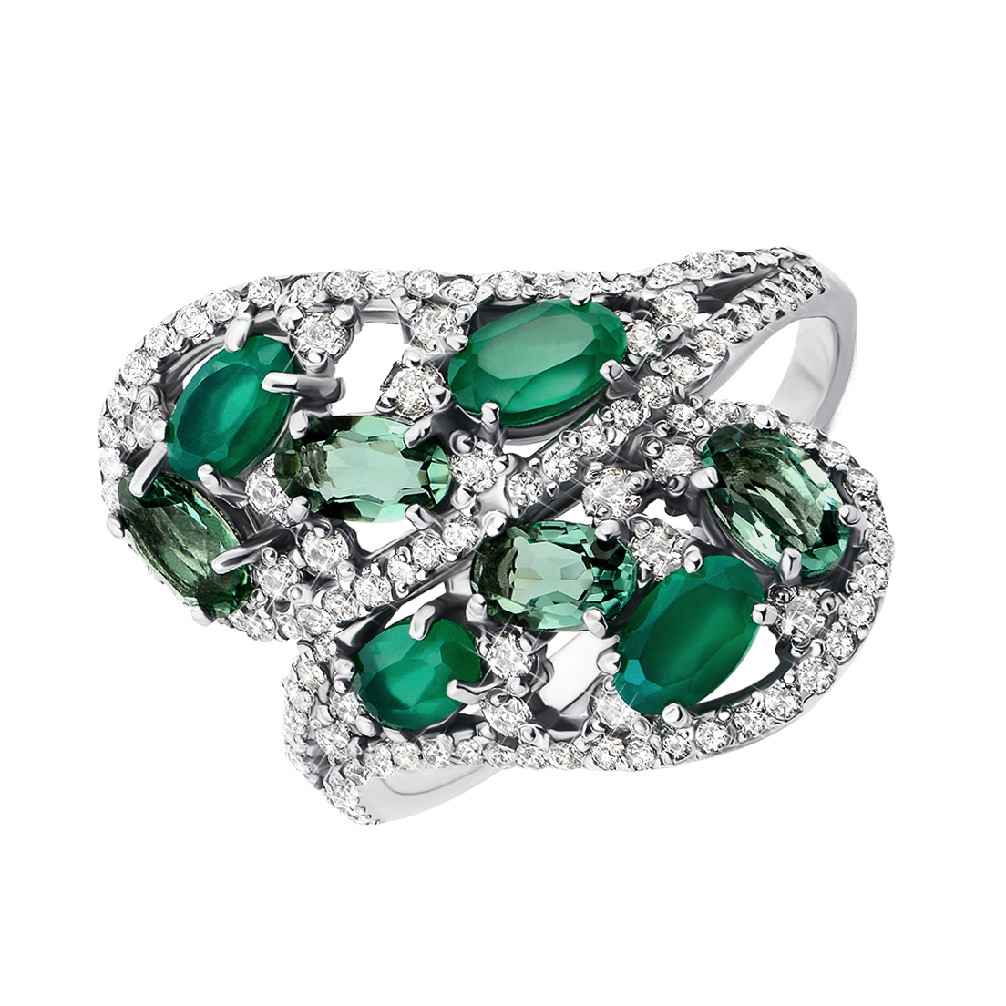 

Серебряное кольцо с зелеными агатами, кварцем и фианитами 000135616 17 размера