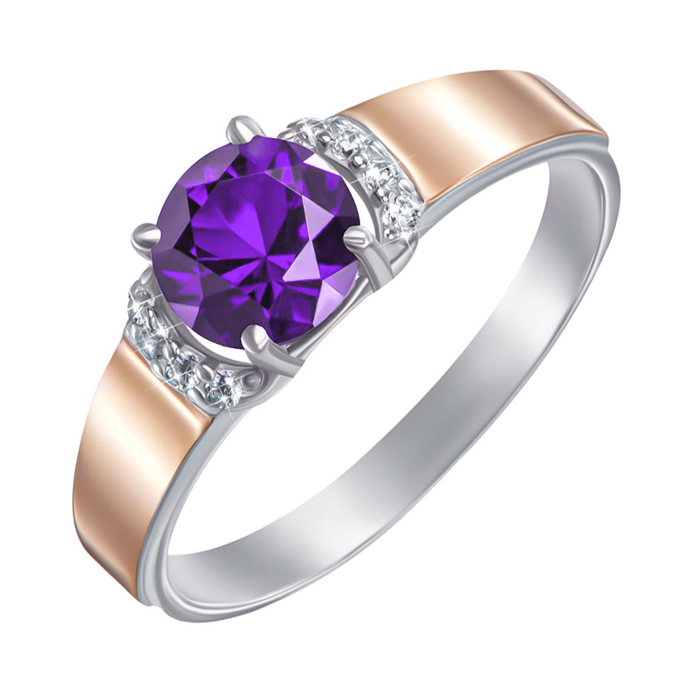 

Серебряное кольцо с золотыми накладками, аметистом и фианитами 000141214 16.5 размера