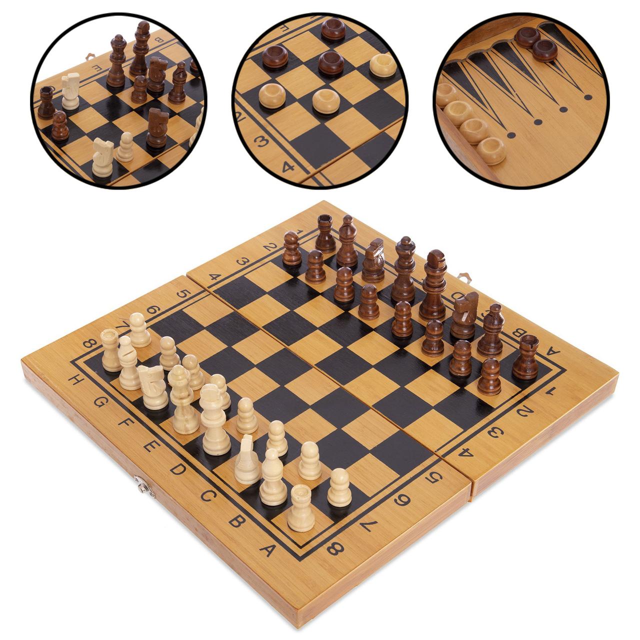 

Настольная игра 3 в1 шахматы, нарды, шашки бамбуковые Zelart Chess Tactic Set 341-162 (35x35 см)
