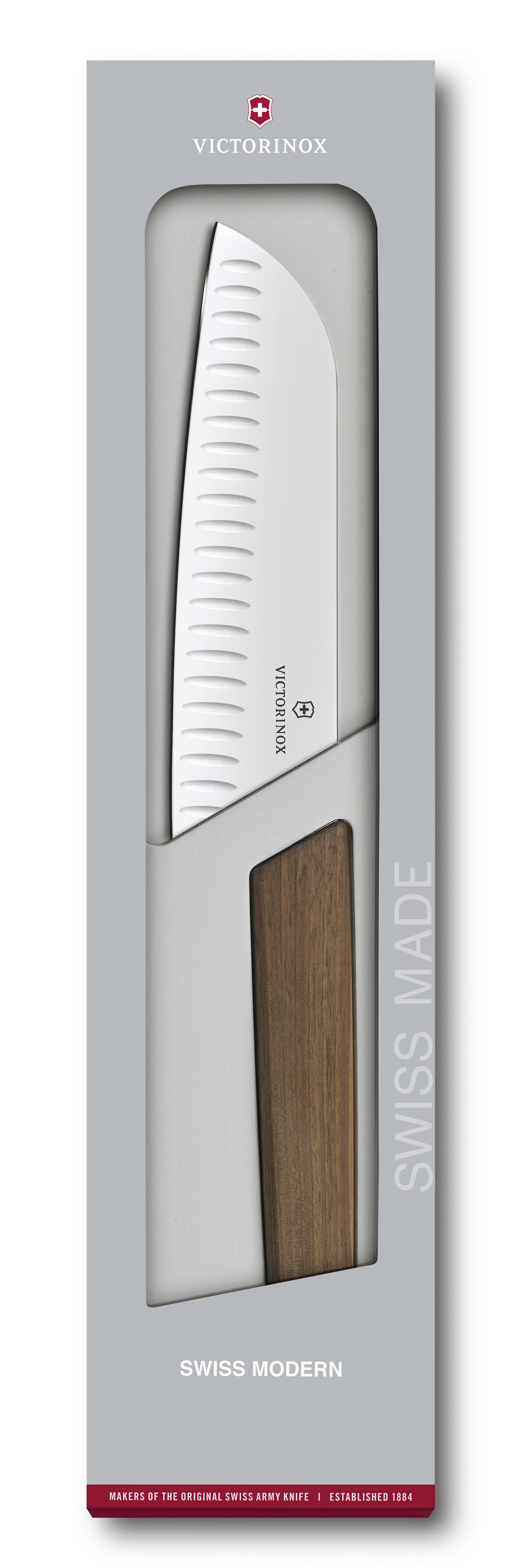 

Кухонный нож Swiss Modern Santoku 17см рифл. с орех. ручкой (GB)