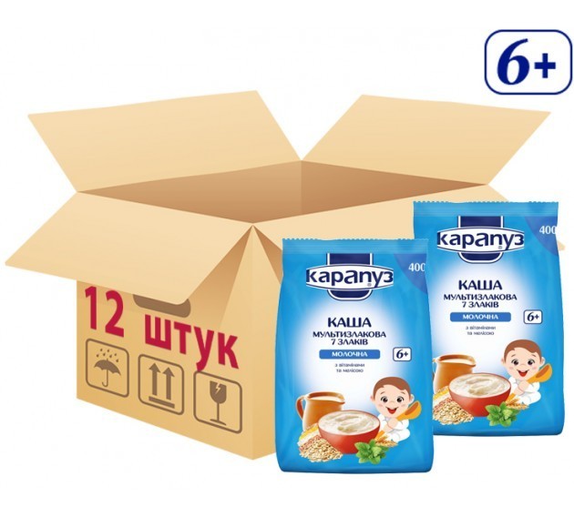 

Упаковка молочной каши Карапуз му льтизлаковая 7 злаков с витаминами и мелисой, 12шт х 400г.