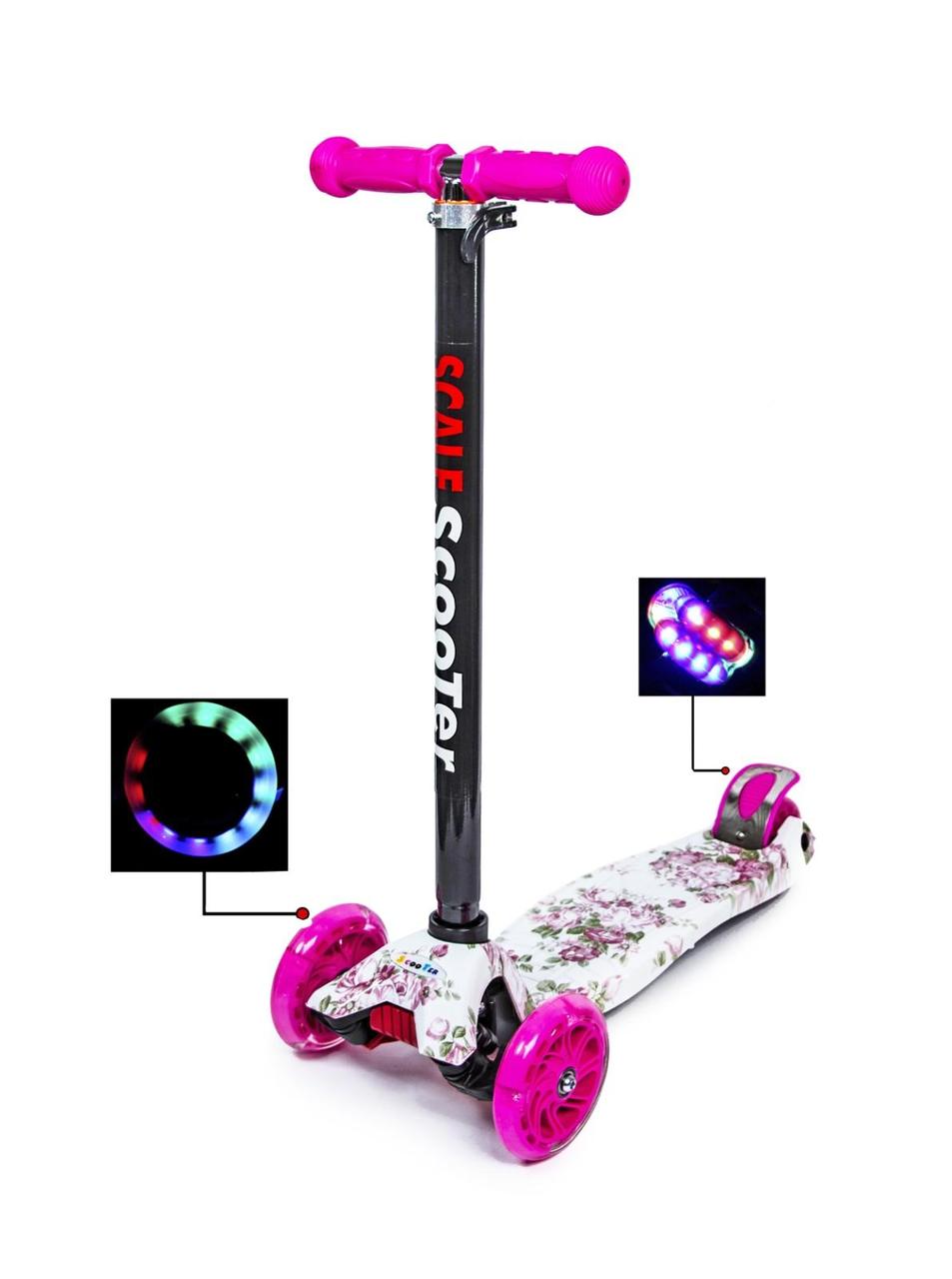 

Трёхколесный детский самокат Scale Scooter MAXI Roses Святящиеся колеса