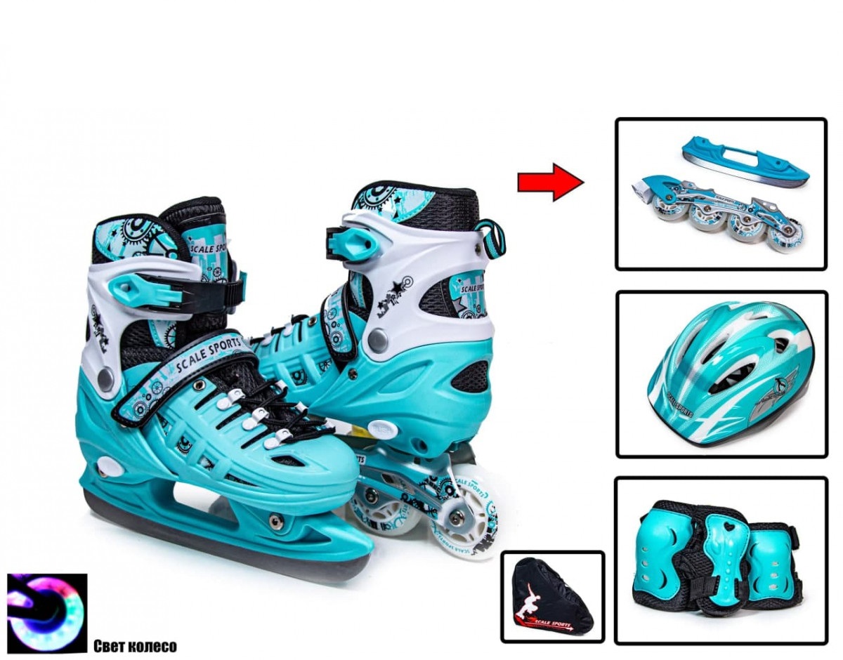 

Детские ролики-коньки 2 в 1 с защитой и шлемом Scale Sports, размер 29-32, Мятные