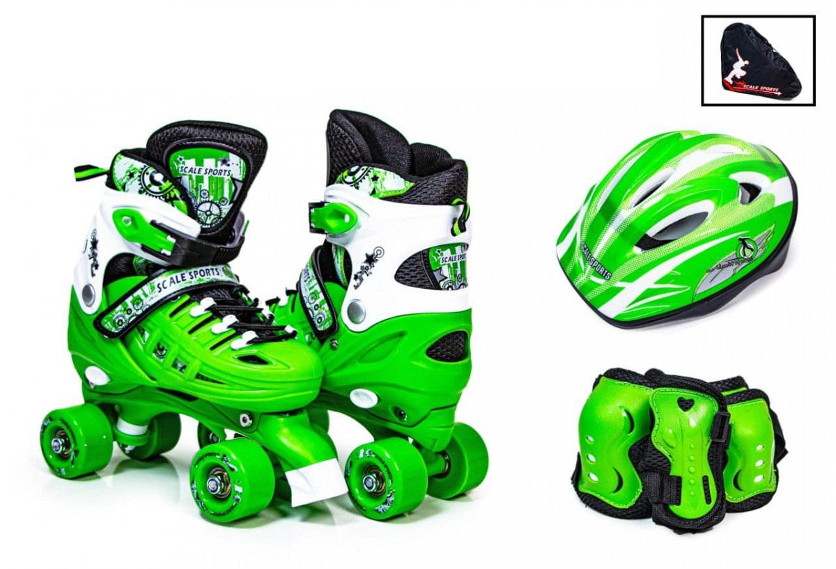 

Детские ролики-квады с защитой и шлемом Scale Sports, размер 32,5-35,5, Зеленые