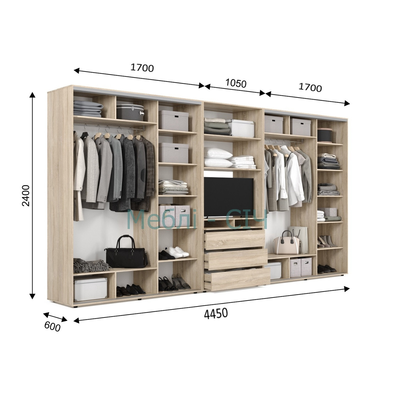 

Шкаф купе под ТВ Мебель Сич ШКТВ-4/445 (4450х600х2400) Дуб Молочный