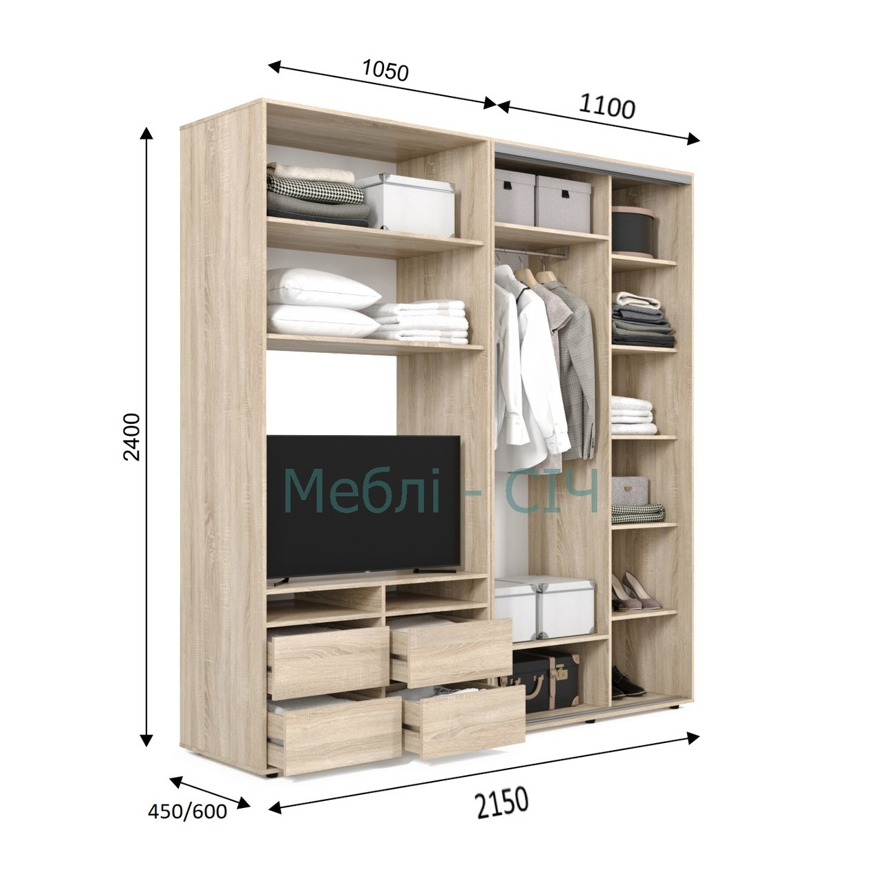 

Шкаф купе под ТВ Мебель Сич ШКТВ-1/215 (2150х450х2400) Дуб Молочный