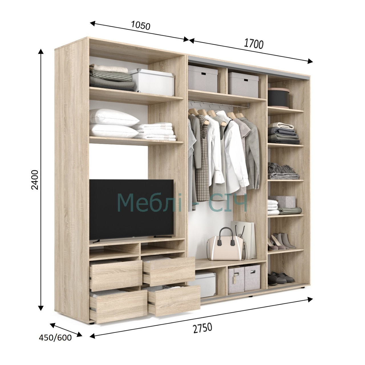 

Шкаф купе под ТВ Мебель Сич ШКТВ-1/275 (2750х450х2400) Дуб Сонома Трюфель