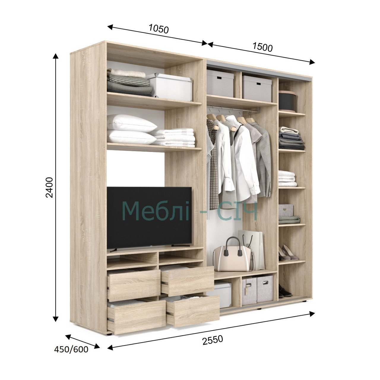 

Шкаф купе под ТВ Мебель Сич ШКТВ-1/255 (2550х450х2400) Дуб Молочный