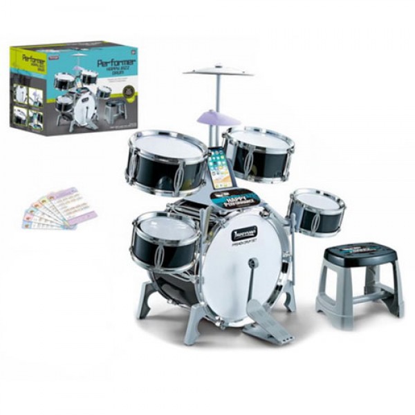 

Детская барабанная установка со стульчиком Happy Jazz Drum Music, Музыкальный ударный инструмент барабаны с палочками, стулом и муз. карточками