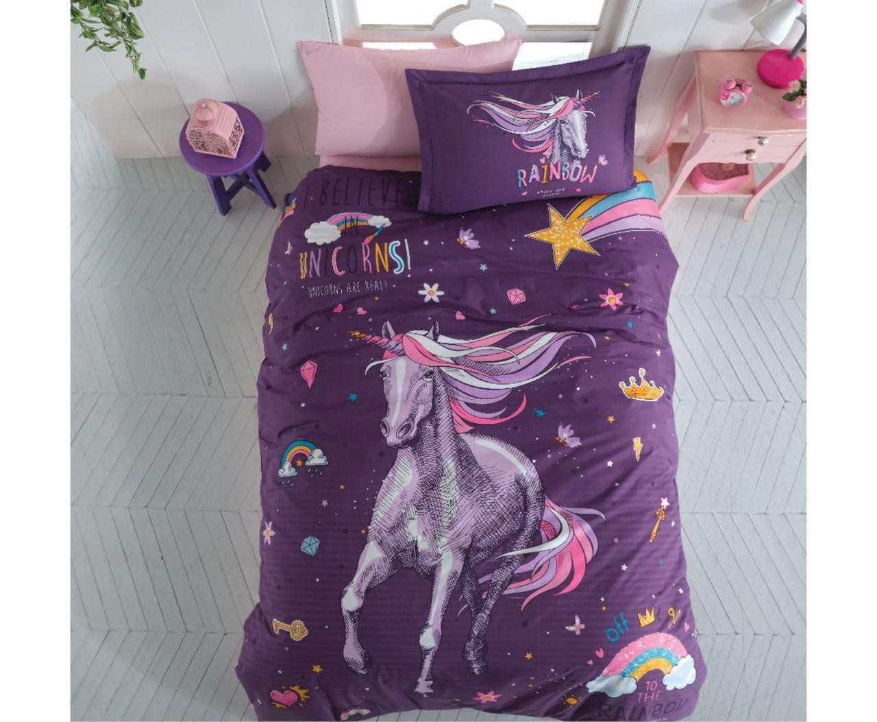 

Турецкое Подростковое постельное белье Aran Clasy RainBow Единорог 160x220 Хлопок 100%