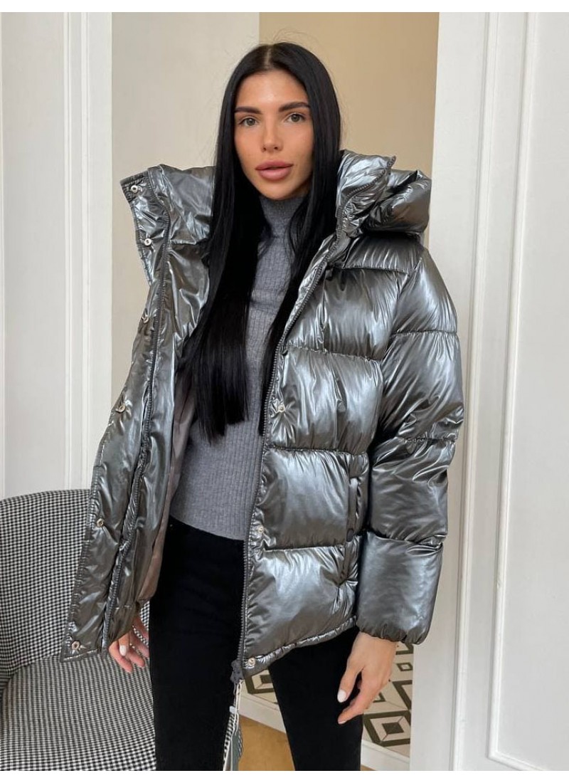 

Пуховик женский зимний дутый с кнопками впереди глянцевый Modern Boutique серый, one size ПУХ096/1
